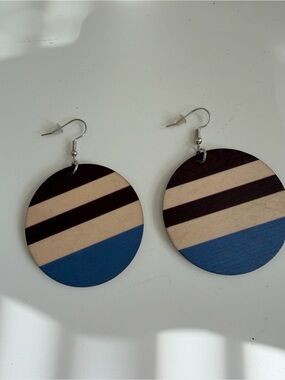 Striped Round Wood Drop Earrings — Navy, Natural & Black